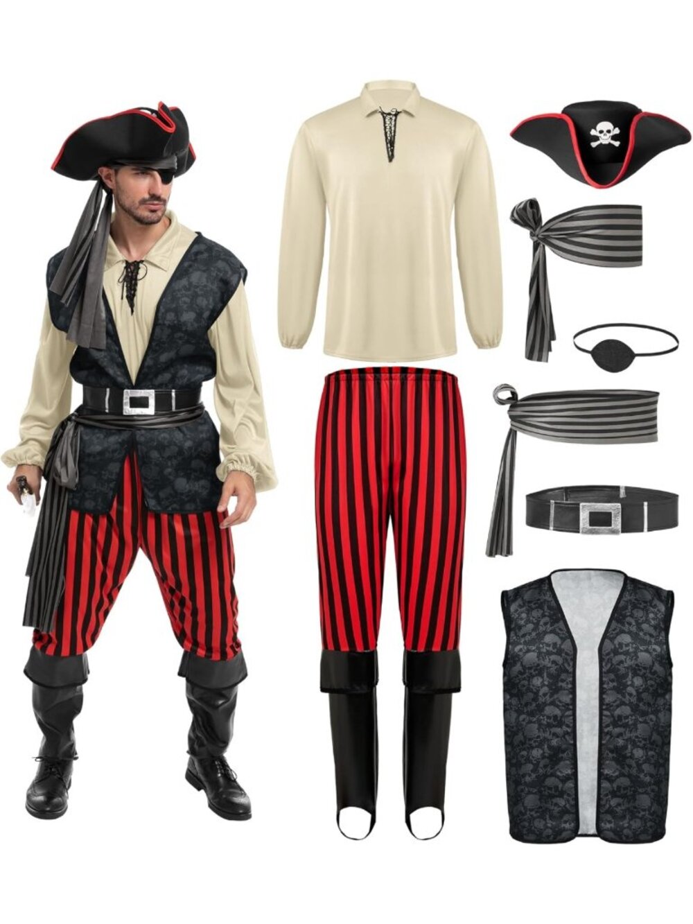 Men's Pirate Costume Set - Adult Halloween Shirt, Vest, Pants & Hat for Parties